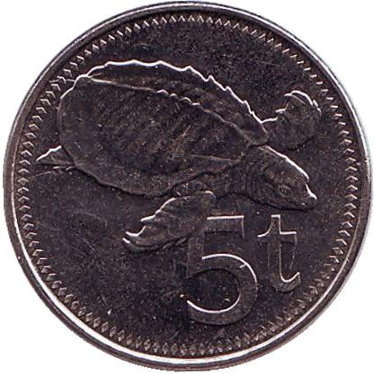 Монета 5 тойа, 2009 год, Папуа-Новая Гвинея. Свиноносая черепаха.