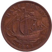 "Золотая лань". Монета 1/2 пенни. 1947 год, Великобритания. 