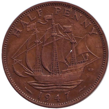 Монета 1/2 пенни. 1947 год, Великобритания. "Золотая лань".