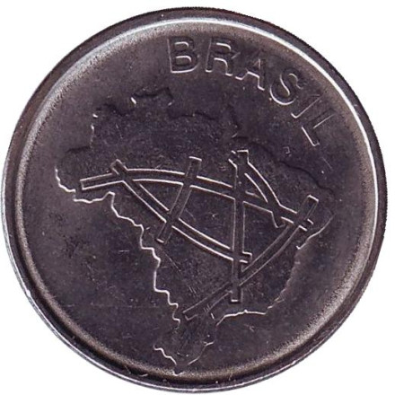 Монета 10 крузейро. 1985 год, Бразилия. Карта Бразилии.