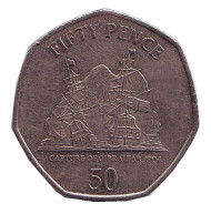 Монета 50 пенсов. 2009 год, Гибралтар. Захват Гибралтара в 1704 году. Монета 50 пенсов. 2009 год, Гибралтар. Захват Гибралтара в 1704 году.