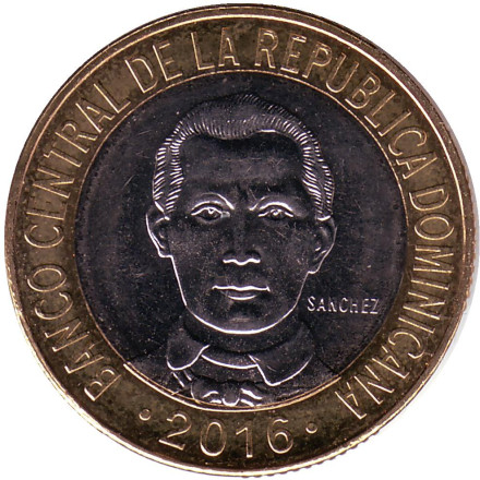 Монета 5 песо. 2016 год, Доминиканская Республика. Франсиско дель Росарио.