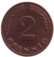 Дубовые листья. Монета 2 пфеннига. 1967 год (G), ФРГ.