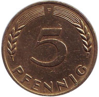 Дубовые листья. Монета 5 пфеннигов. 1966 год (F), ФРГ.