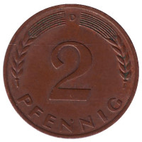Дубовые листья. Монета 2 пфеннига. 1967 год (D), ФРГ.