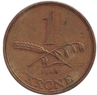 Стебли пшеницы и овса. Монета 1 крона. 1944 год, Дания. Кристиан X.