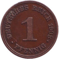 Монета 1 пфенниг. 1908 год (D), Германская империя.