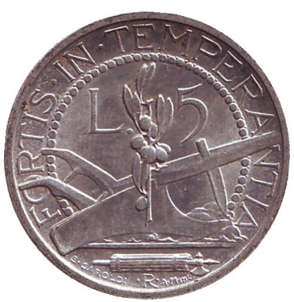 Монета 5 лир. 1938 год, Сан-Марино.