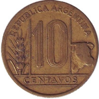Монета 10 сентаво. 1944 год, Аргентина.