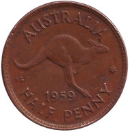 Монета 1/2 пенни. 1959 год, Австралия. Кенгуру. Монета 1/2 пенни. 1959 год, Австралия. Кенгуру.