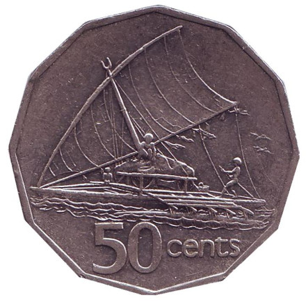 Монета 50 центов. 1994 год, Фиджи. Фиджийское каноэ Такиа (Каунитони).