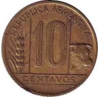 Монета 10 сентаво. 1942 год, Аргентина. (Алюминиевая бронза)