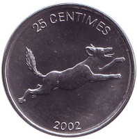 Гиеновидная собака. Монета 25 сантимов. 2002 год, Демократическая Республика Конго.