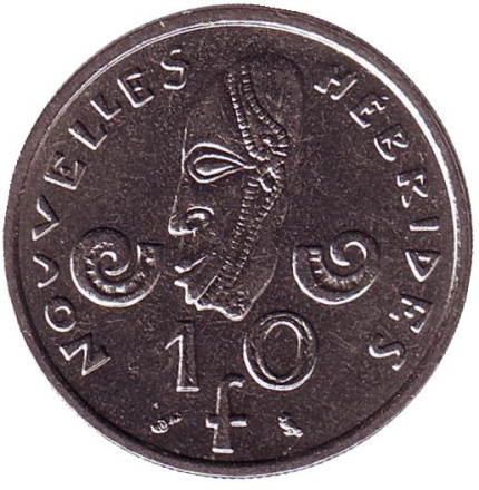 Монета 10 франков. 1970 год, Новые Гебриды. Маска.