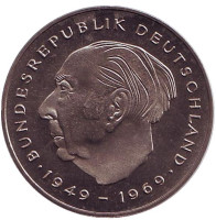 Теодор Хойс. Монета 2 марки. 1980 год (G), ФРГ. UNC.