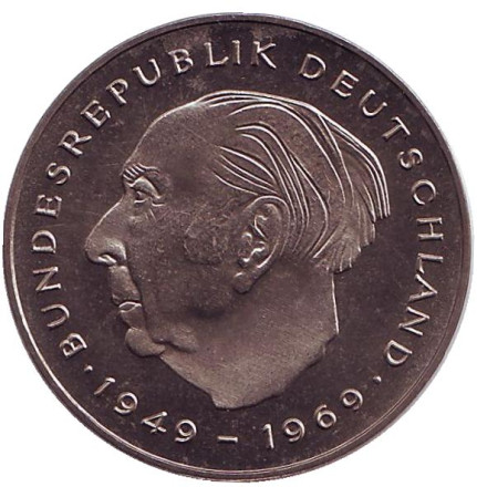 Монета 2 марки. 1980 год (G), ФРГ. UNC. Теодор Хойс.