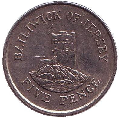 Монета 5 пенсов, 1993 год, Джерси. Башня Сеймура в Гровилле.