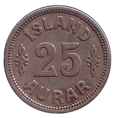 Монета 25 аураров. 1937 год, Исландия. (Цифра "7" приближена к "3").