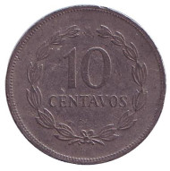 Монета 10 сентаво. 1987 год, Сальвадор. Из обращения. Франсиско Морасан. Монета 10 сентаво. 1987 год, Сальвадор. Из обращения. Франсиско Морасан.