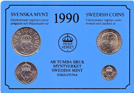Годовой набор монет Швеции. (4 штуки). 1990 год, Швеция. (Жёсткий пластик)