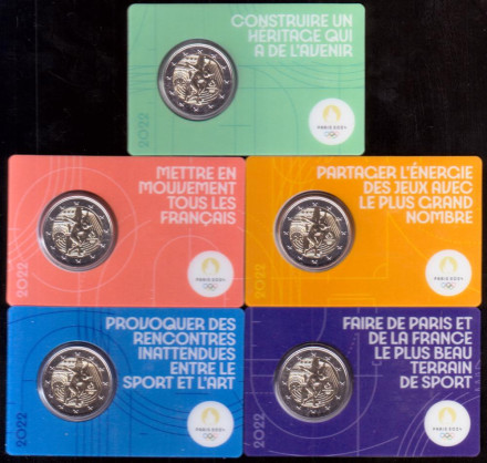 XXXIII летние Олимпийские игры, Париж 2024. Набор из 5 монет номиналом 2 евро в коинкартах. 2022 год, Франция.