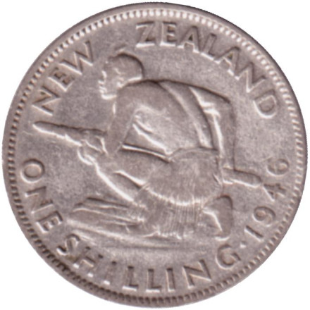 Монета 1 шиллинг. 1946 год, Новая Зеландия. Воин Маори.