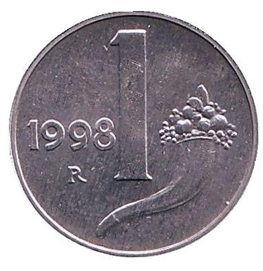 Монета 1 лира. 1998 год, Италия. BU. Рог изобилия.
