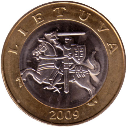 Монета 2 лита. 2009 год, Литва. Рыцарь.
