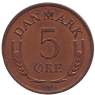 Монета 5 эре. 1963 год, Дания. (Бронза). Монета 5 эре. 1963 год, Дания. (Бронза).