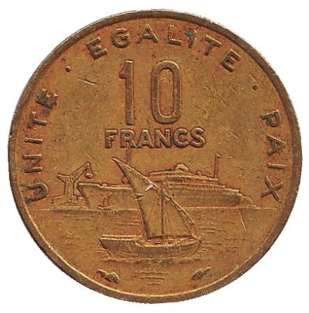 Монета 10 франков. 1989 год, Джибути. Парусник, корабль.