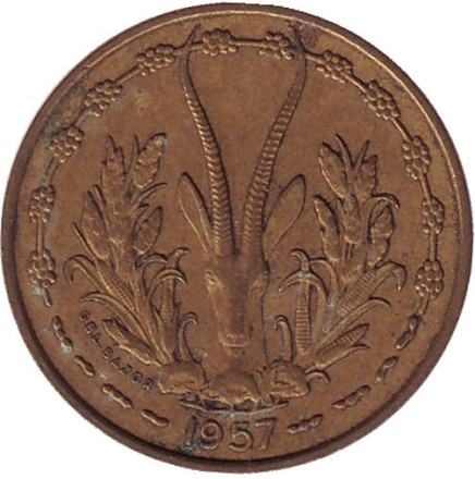 Монета 10 франков. 1957 год, Того (Французская Западная Африка). Газель.