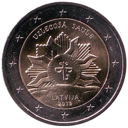 Монета 2 евро. 2019 год, Латвия. Восходящее солнце.