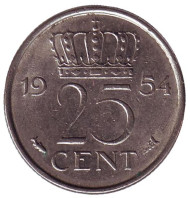 Монета 25 центов. 1954 год, Нидерланды. Монета 25 центов. 1954 год, Нидерланды.