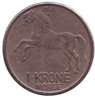 Монета 1 крона. 1966 год, Норвегия. Лошадь. Монета 1 крона. 1966 год, Норвегия. Лошадь.