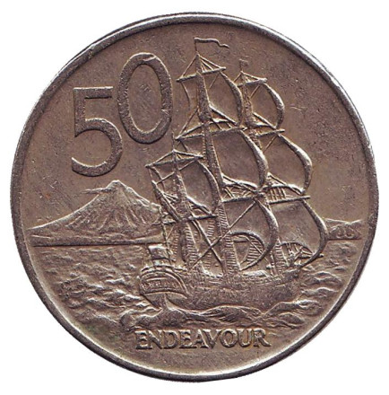 Монета 50 центов, 1972 год, Новая Зеландия. Парусник "Endeavour".