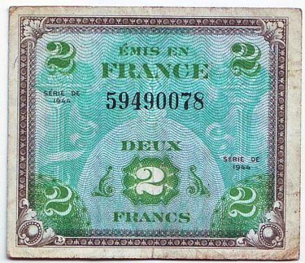 Банкнота 2 франка. 1944 год, Франция.
