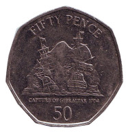 Монета 50 пенсов. 2011 год, Гибралтар. Захват Гибралтара в 1704 году. Монета 50 пенсов. 2011 год, Гибралтар. Захват Гибралтара в 1704 году.