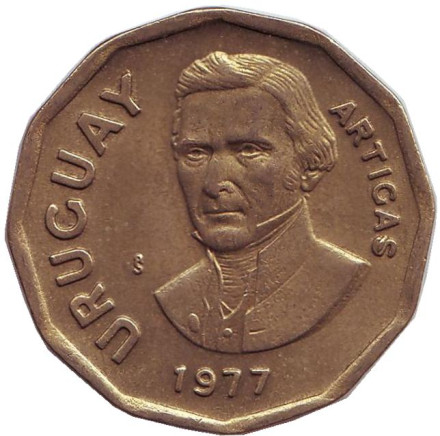 Монета 1 новый песо. 1977 год, Уругвай. Хосе Артигас.
