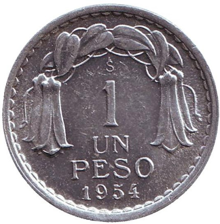 Монета 1 песо. 1954 год, Чили. aUNC. Бернардо О’Хиггинс.