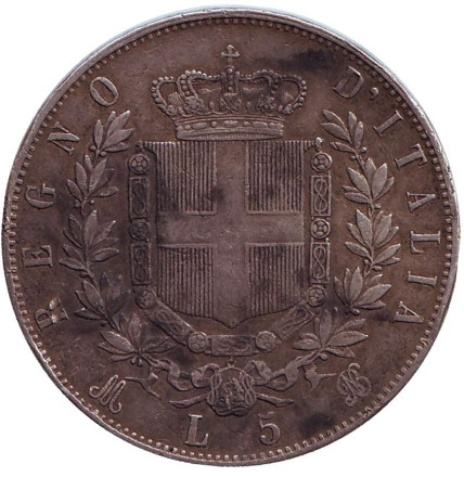 Монета 5 лир. 1875 год (M), Италия. Король Виктор Эммануил II.