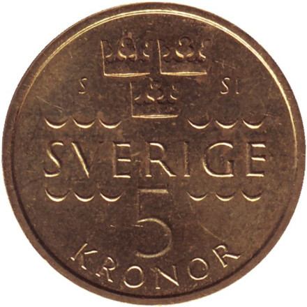 Монета 5 крон. 2016 год, Швеция. Новый дизайн. (Из обращения) Король Карл XVI Густав.