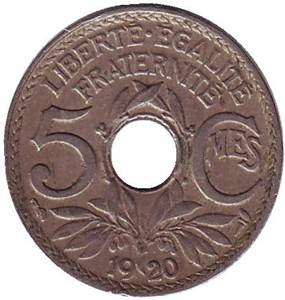 Монета 5 сантимов. 1920 год, Франция.