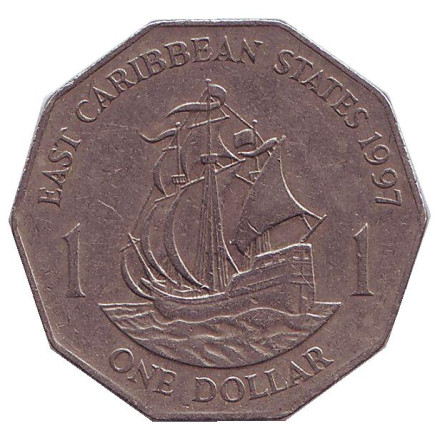 Монета 1 доллар. 1997 год, Восточно-Карибские государства. Парусник.
