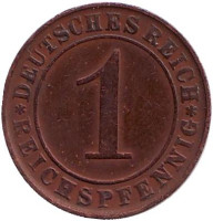 Монета 1 рейхспфенниг. 1924 год (D), Веймарская республика.