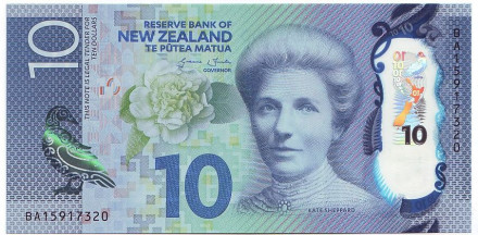 Банкнота 10 долларов. 2015 год, Новая Зеландия. Кейт Шеппард. Синяя утка.