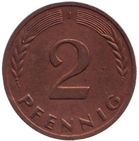 Дубовые листья. Монета 2 пфеннига. 1967 год (J), ФРГ. 