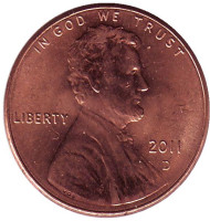 Монета 1 цент. 2011 год (D), США. Монета 1 цент. 2011 год (D), США.