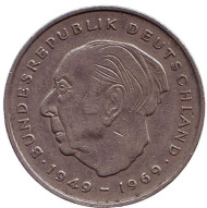Монета 2 марки. 1970 год (G), ФРГ. Теодор Хойс. Монета 2 марки. 1970 год (G), ФРГ. Теодор Хойс.