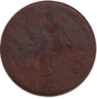 Монета 5 сантимов. 1917 год, Франция. (Старый тип: Без отверстия в центре)