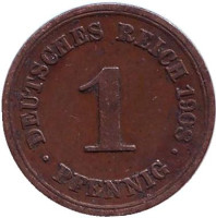Монета 1 пфенниг. 1908 год (F), Германская империя.